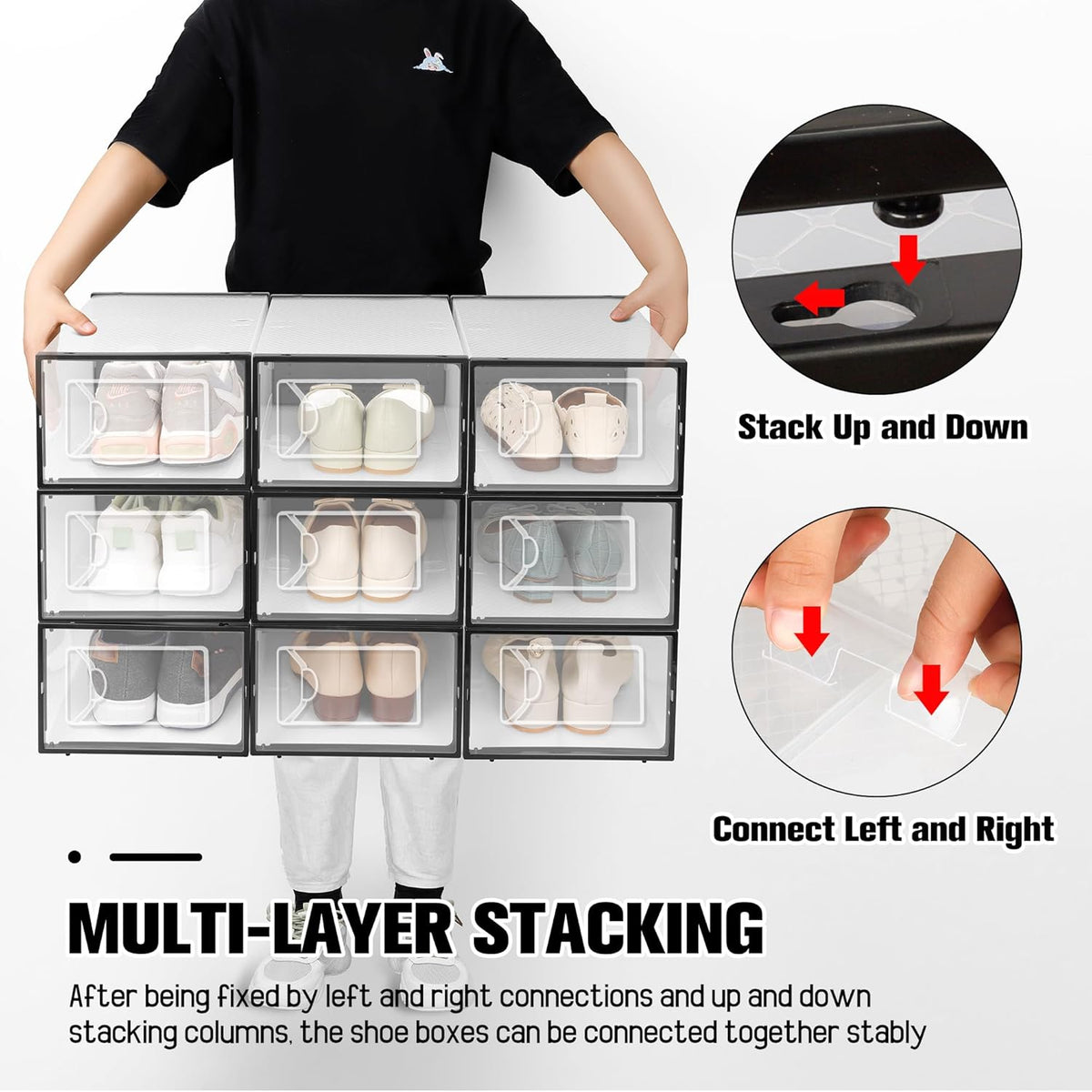 Kuject 15 Pack Shoe Storage Boxes, Clear Plastic Stackable Shoe Organizer for Closet, Connect Left