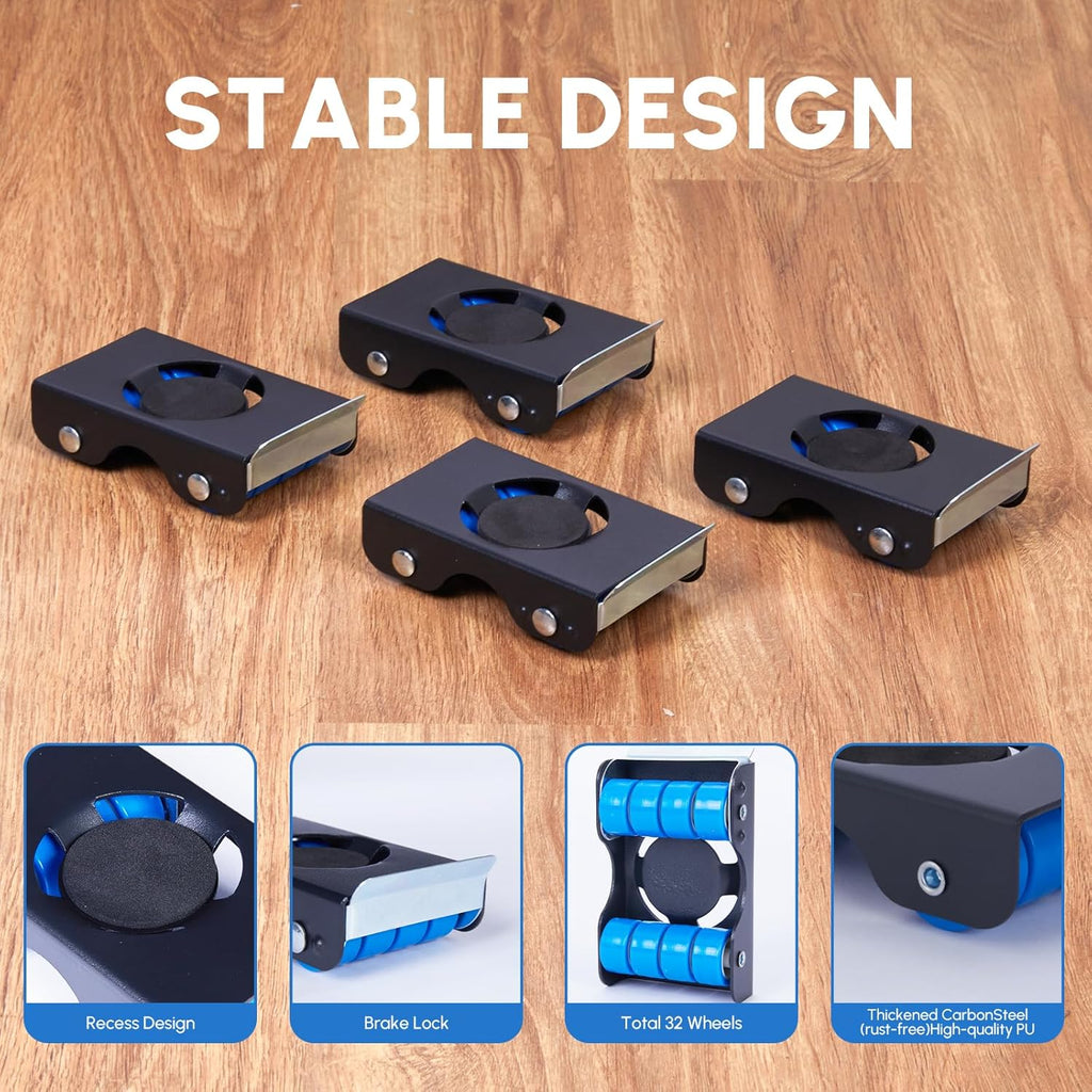 Furniture Sliders, Furniture Movers with Wheels 700LBS- 4 Metal Slider with Anti-Slip Pad（4 Brakes