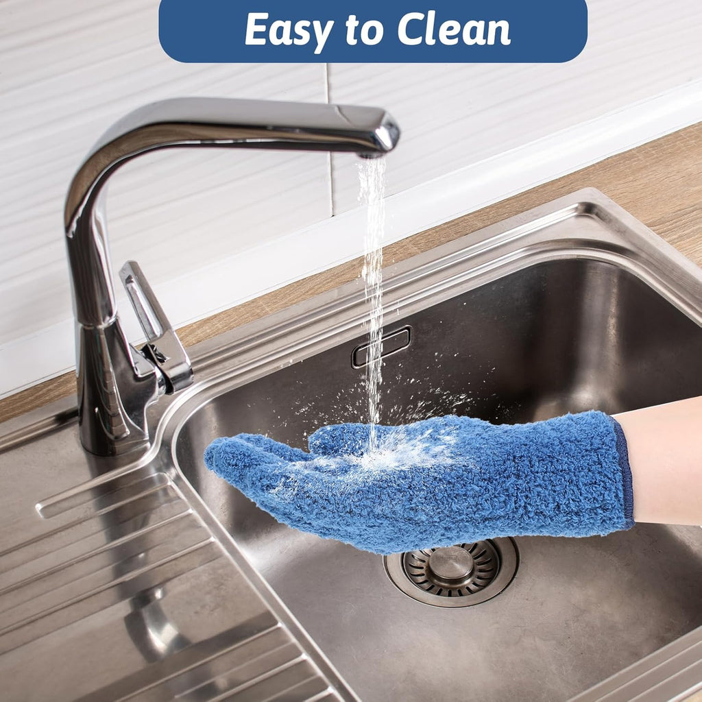 2 Pairs Microfiber Plant Dusting Gloves, Water Blue & Dark Blue Kitchen Indoor Gloves Reusable