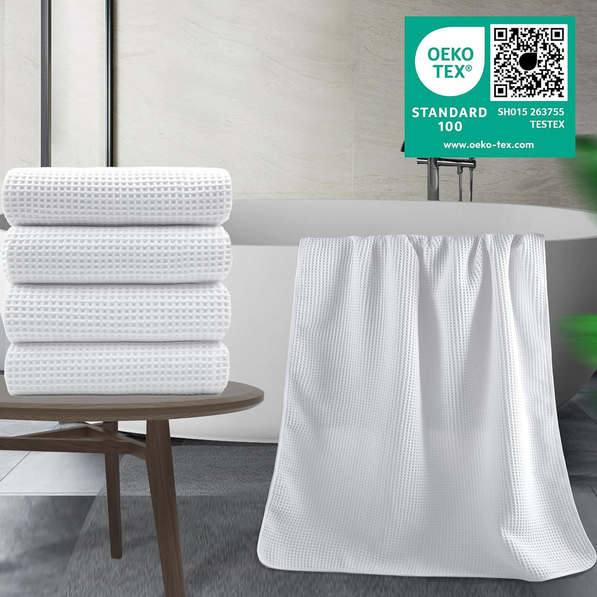 POLYTE Microfiber Oversize Quick Dry Lint Free Bath Towel, 60 x 30 in, 4 Pack (Waffle Weave)