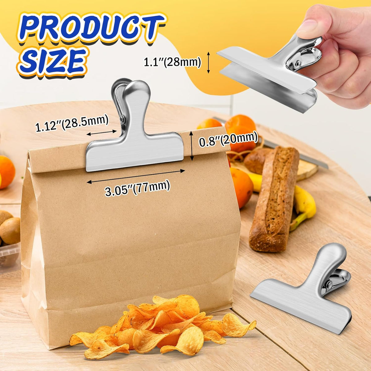 VNDUEEY 12 Pack Stainless Steel Chip Clips, Bag Clips for Food, Heavy Duty Snack Clip Metal Clip to