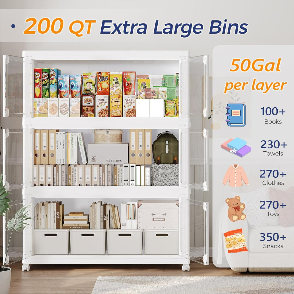 600Qt Stackable Storage Bins with Lid and Wheels, 150Gal Plastic Closet Organizer and Storage