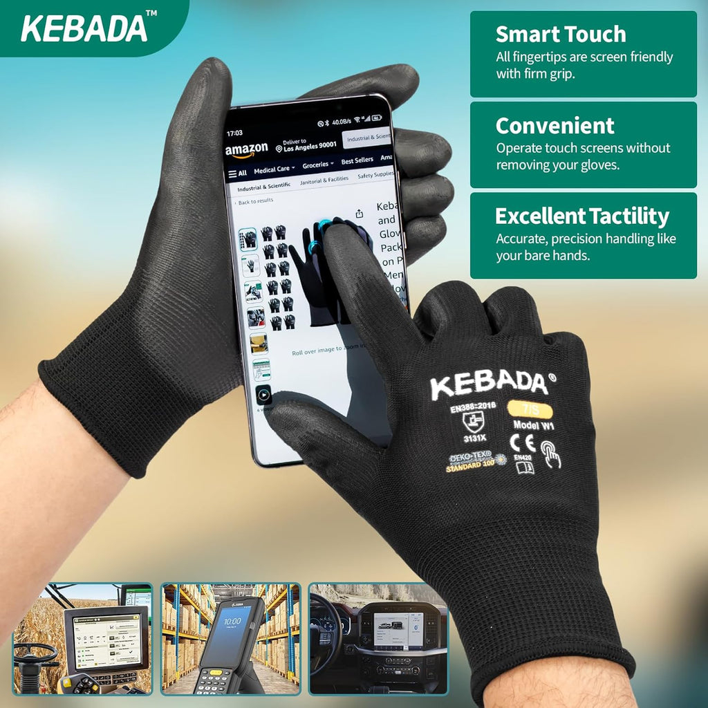 Kebada Safety Work Gloves,120 Pairs Bulk Pack, Touchscreen, PU Coated, Ideal for Warehouse