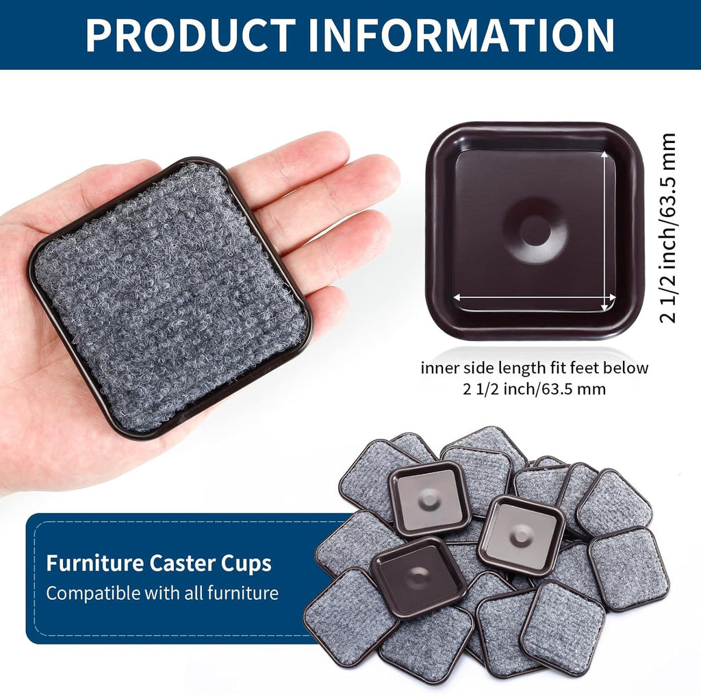 Ezprotekt 2 1/2" Square Reusable Felt Furniture Caster Cups with Carpet Bottom, 16 Pcs Felt