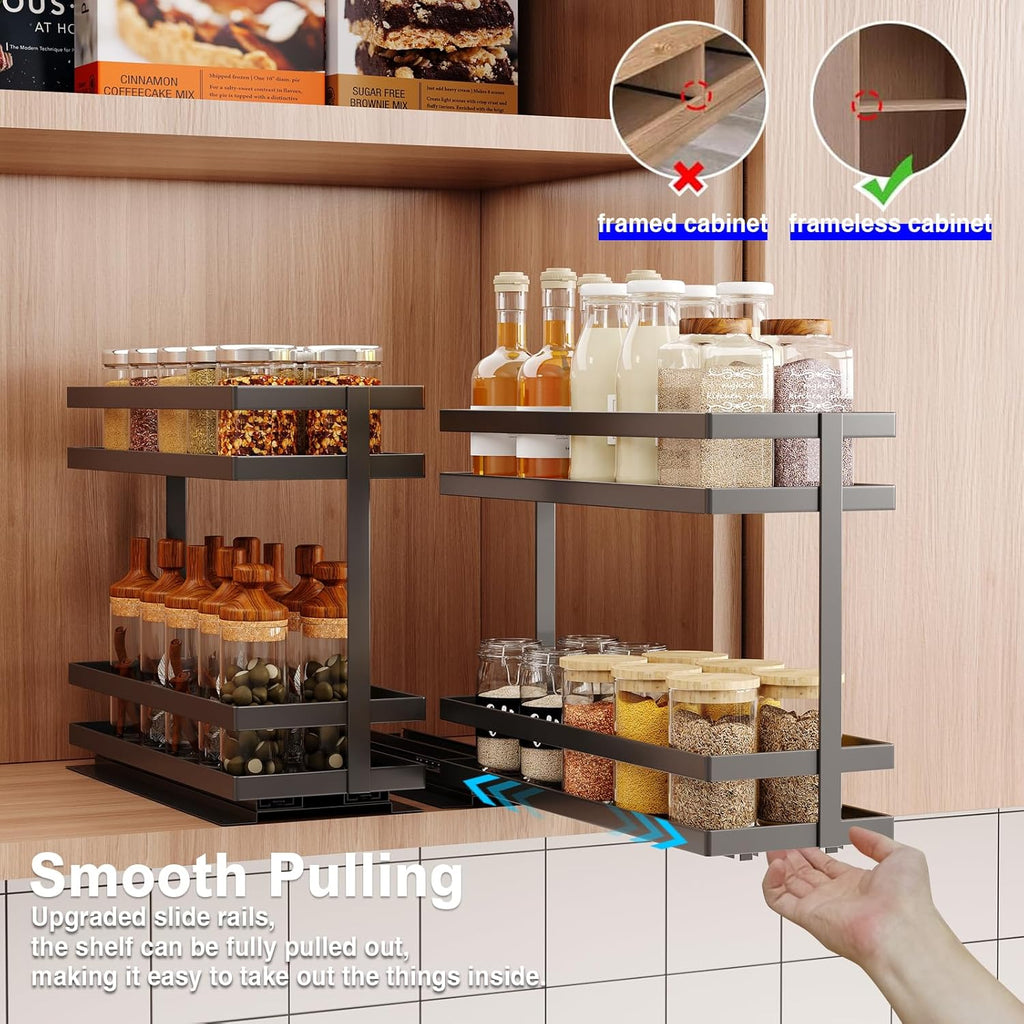 2 Pack Pull Out Spice Rack Organizer for Cabinet, 2 Tier Metal Slide Out Seasoning Organizer and