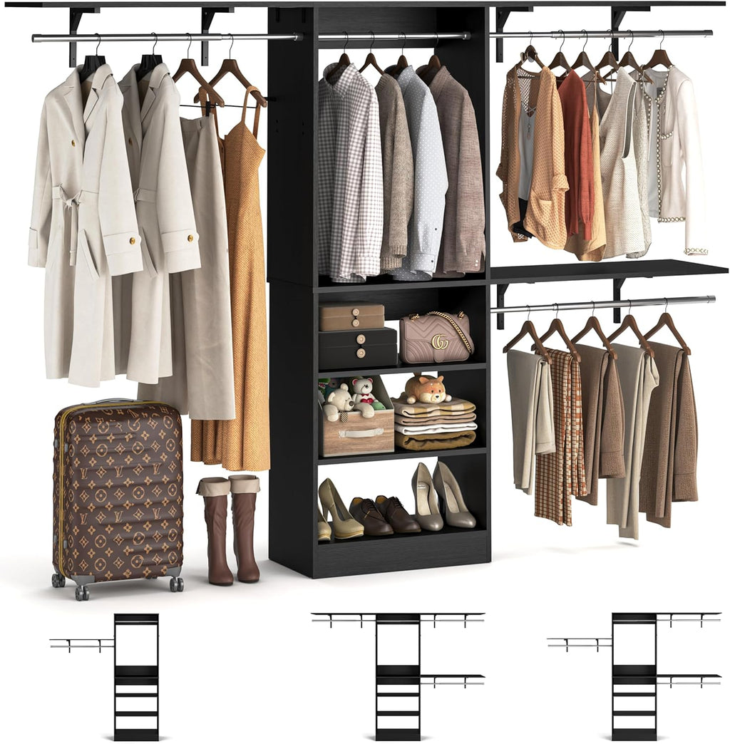 8FT Closet System with Shelves, 96'' Closet Organizer System with 3 Hanging Rods, Wall Mount