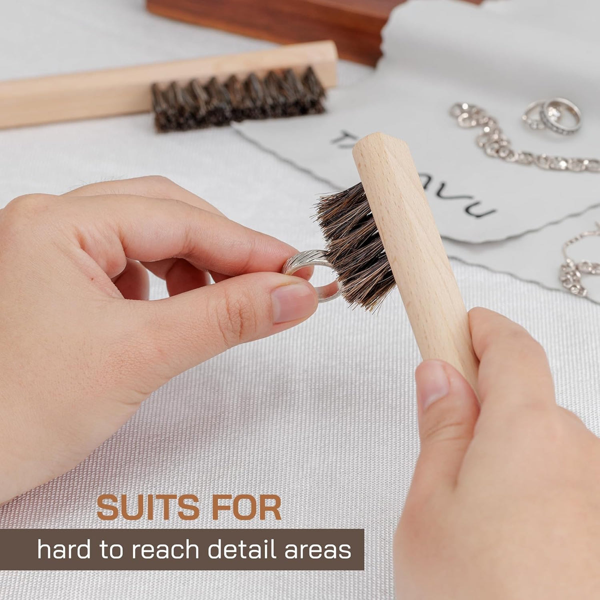 TAKAVU Horsehair Detail Brush Set, Silver Cleaning Brushes & Polish Cloth for Silverware Plateware