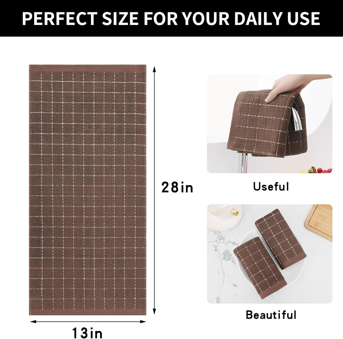 Homaxy 100% Cotton Terry Kitchen Towels(Brown, 13 x 28 inches), Checkered Designed, Soft and Super