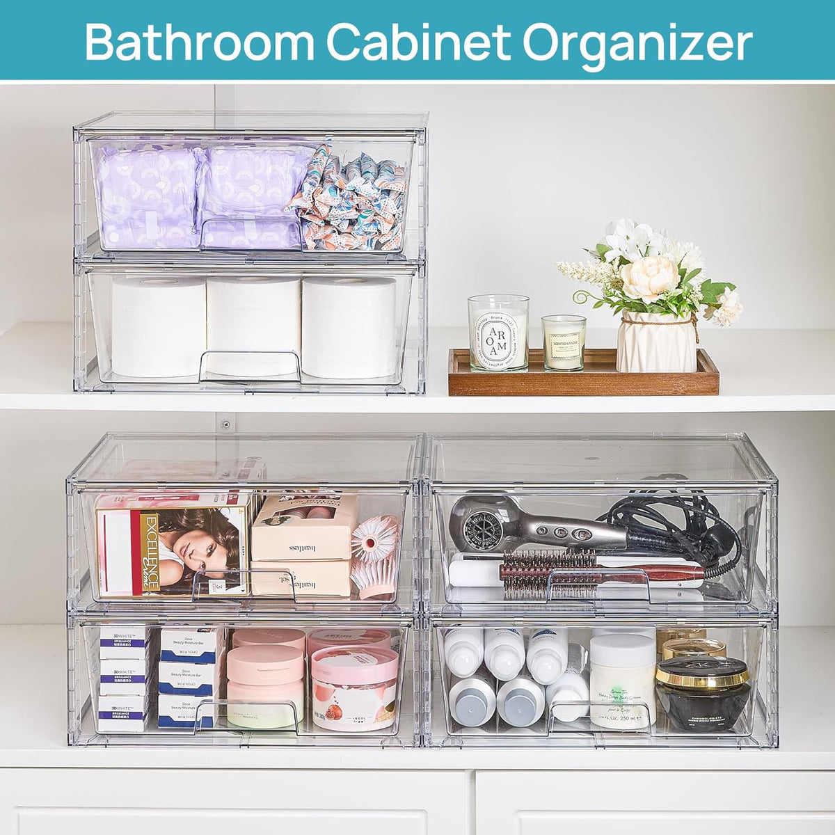 Vtopmart 2 Pack Large Stackable Storage Drawers,Easily Assemble Clear Acrylic Bathroom Closet