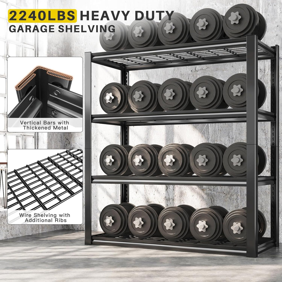 REIBII 40" W Garage Shelving 2240 LBS Storage Shelves Adjustable Heavy Duty Shelving 4 Tier Metal