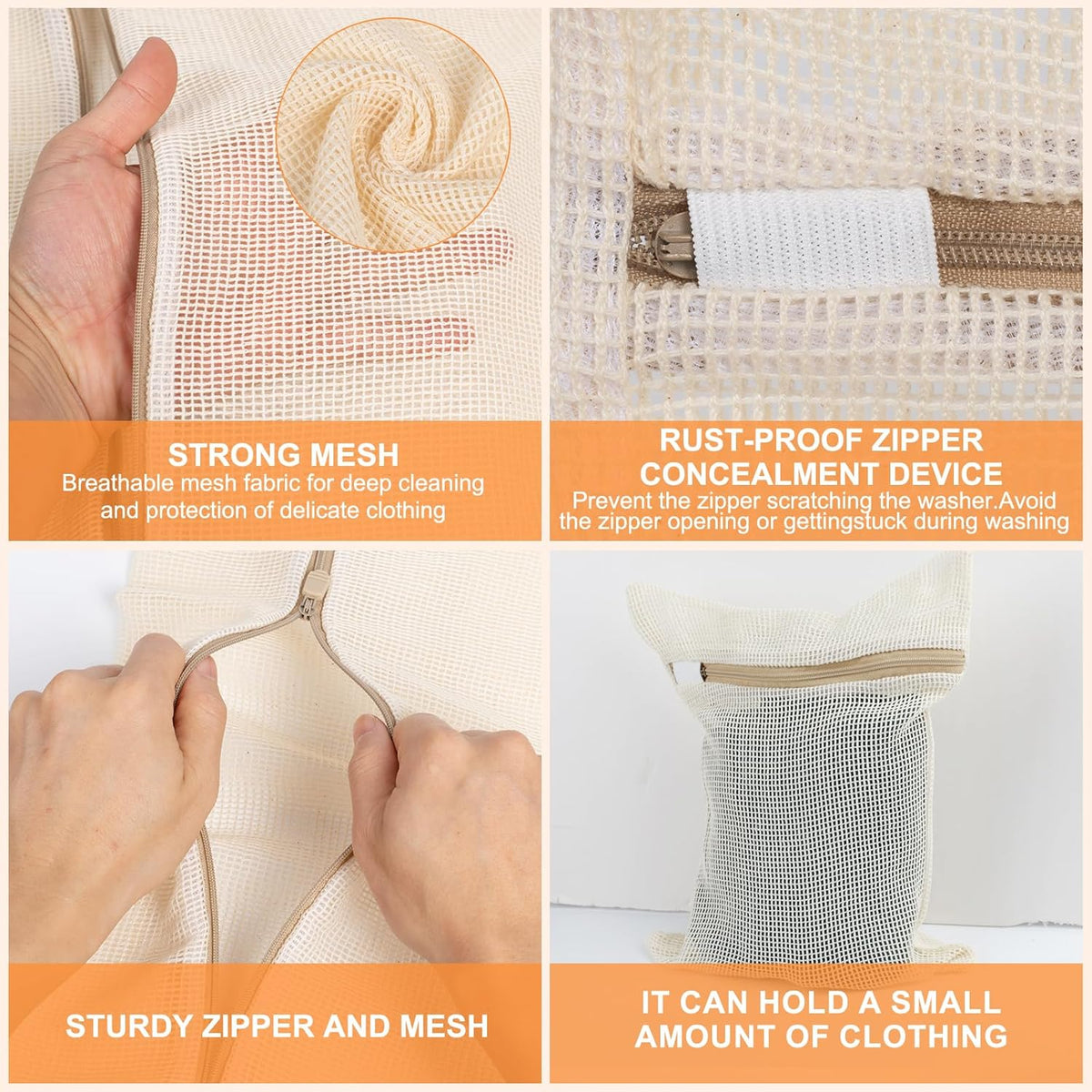 4 Piece Small, Durable Organic Cotton Mesh Laundry Bag with Strong Zipper and Breathable Mesh