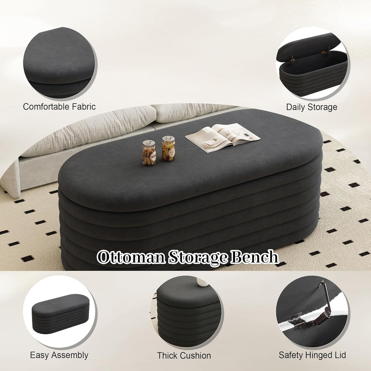 Storage Ottoman Bench, 40" Storage Bench, Upholstered Fabric Storages Benches End of Bed Stool with