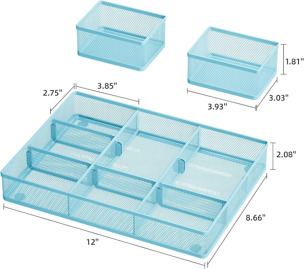 Marbrasse 3 Packs Desk Drawer Organizers, Metal Mesh Dividers with 9 Adjustable Compartments, Pen
