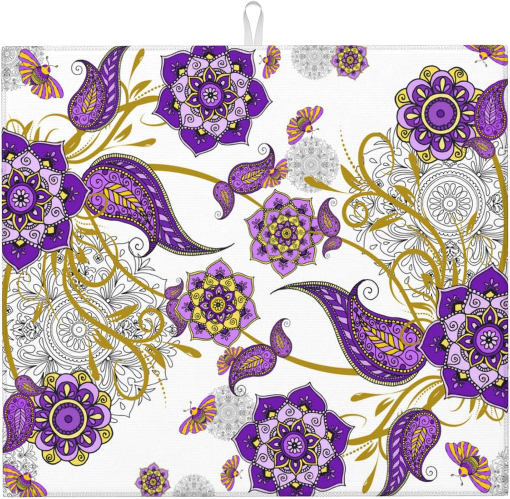 Boho Floral Dish Drying Mat for Kitchen Counter Washable Absorbent Reversible Microfiber Purple