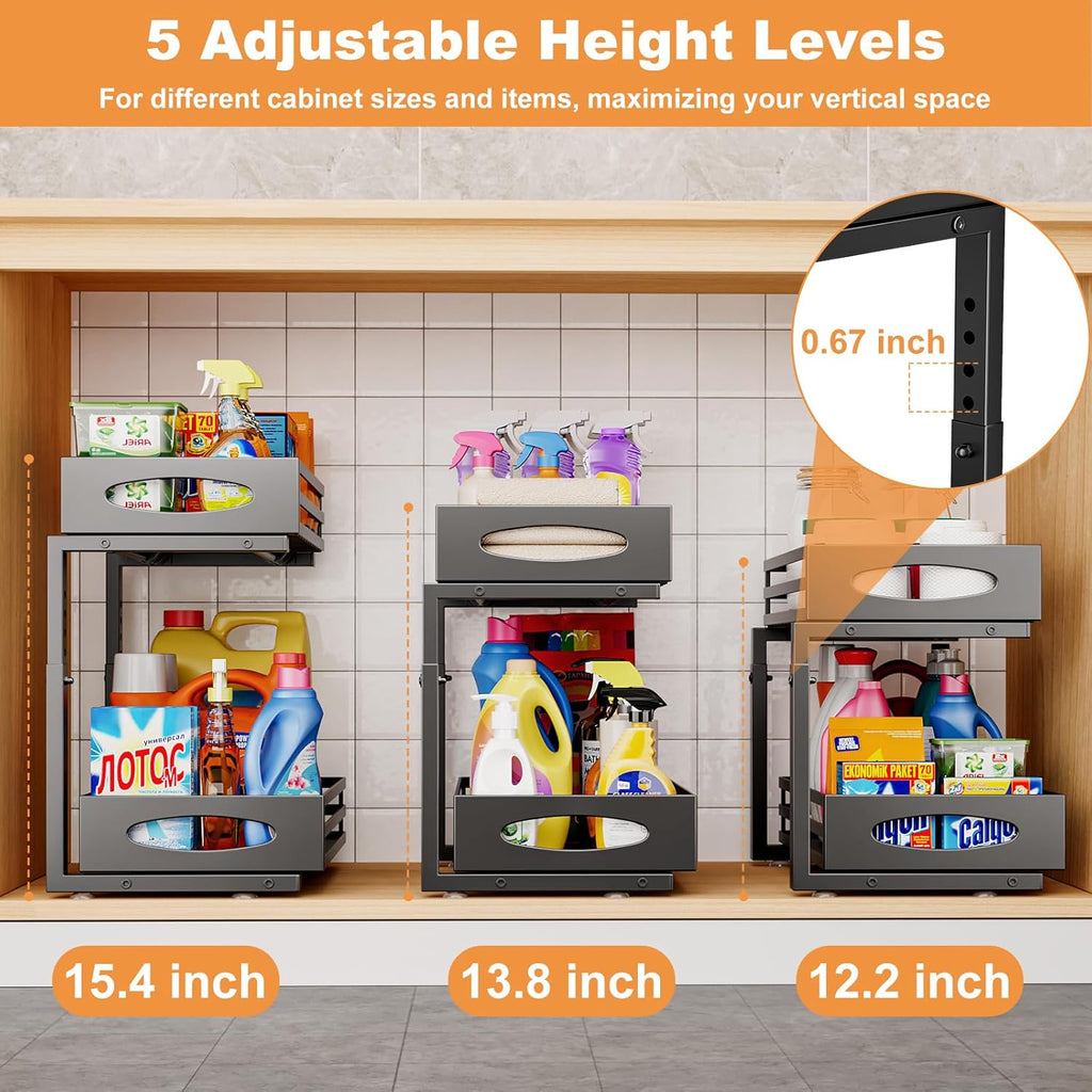 Under Sink Organizer, 2 Tier Under Sink Organizers and Storage, Adjustable Height, Slide out Metal