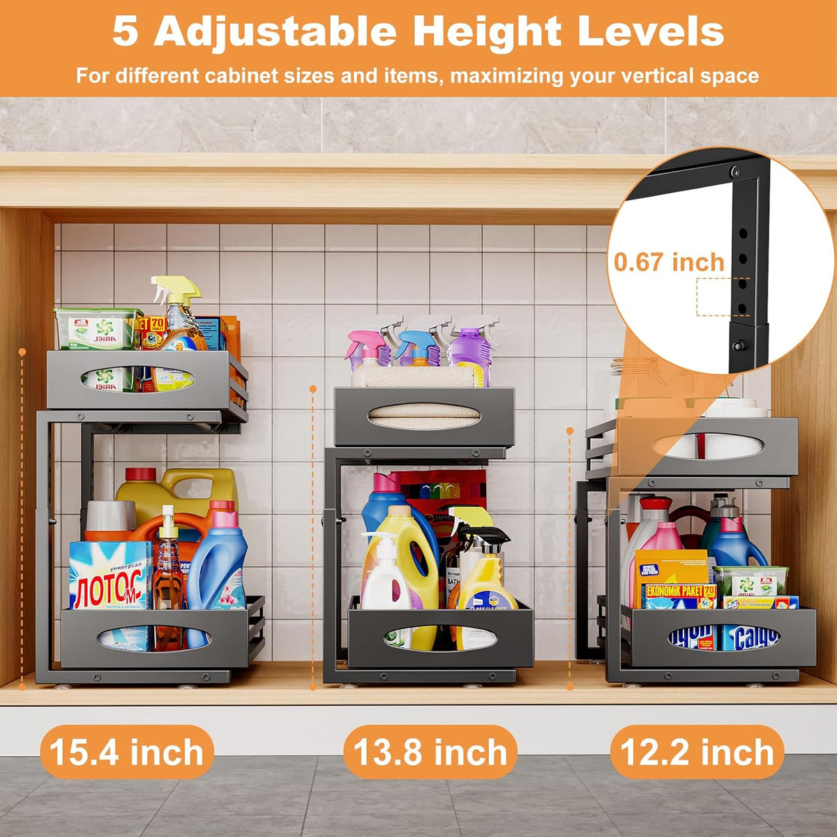 Under Sink Organizer, 2 Tier Under Sink Organizers and Storage, Adjustable Height, Slide Out Metal