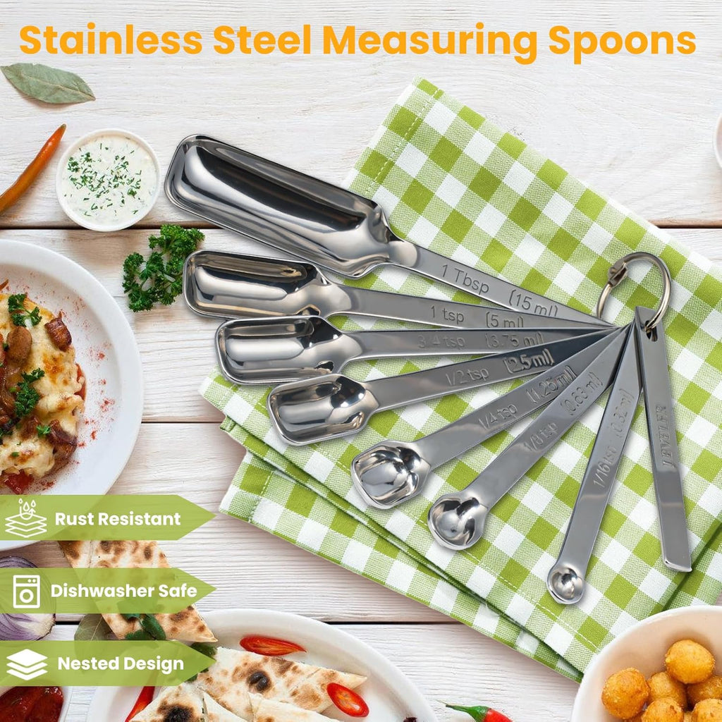 Stainless Steel Measuring Spoons Set of 13, Includes 7 Rectangular Measuring Spoons, 1 Leveler & 5