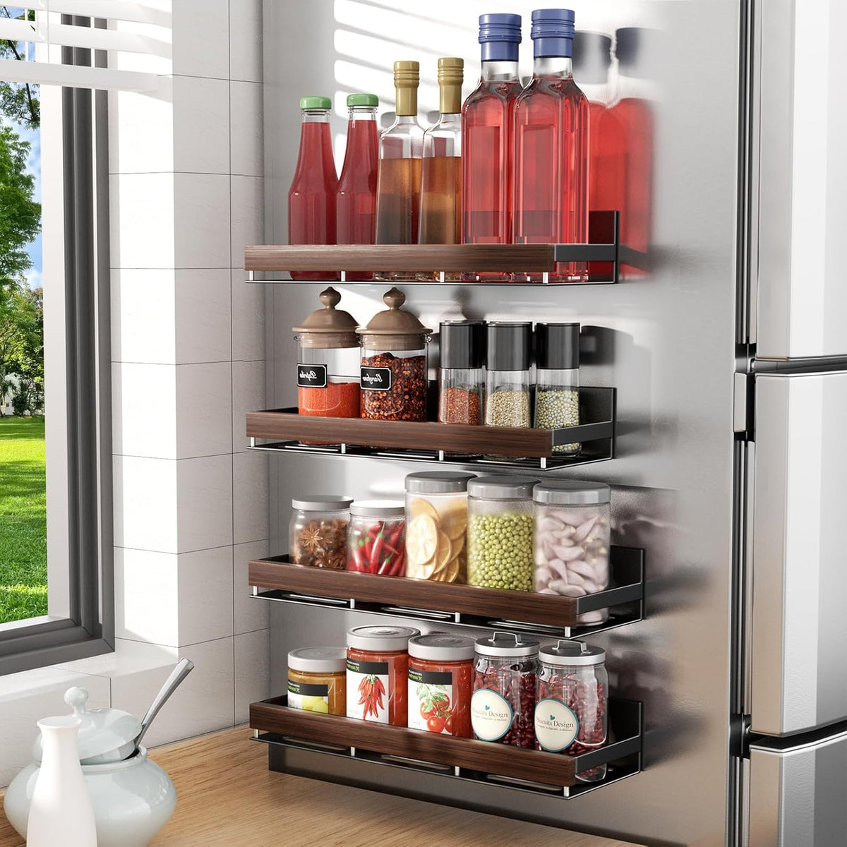 Walnut Magnetic Spice organizer for Refrigerator Wall Mount Spice Rack Magnetic Fridge Shelf Spice
