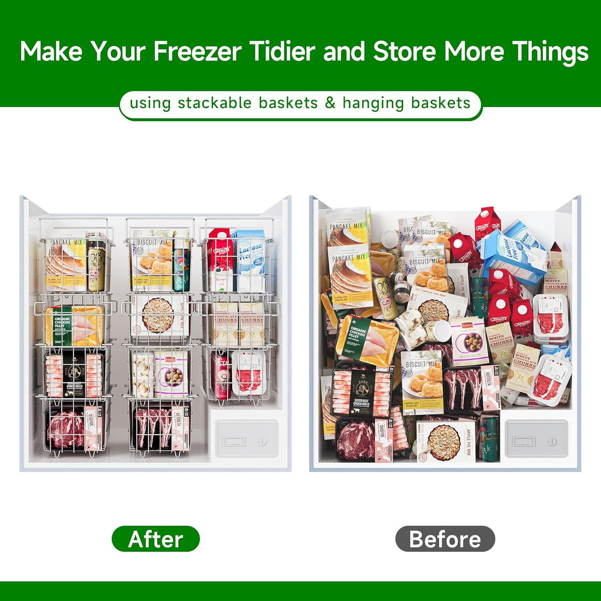4-Pack Stackable & 1-Pack Hanging Chest Freezer Organizer Bins for 7 Cu.Ft Freezer