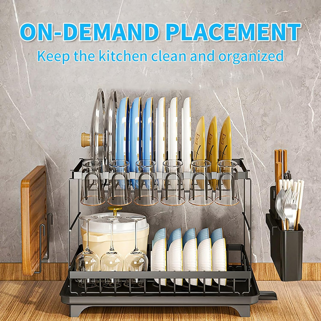 Dishes Drying Rack, 2-Tier Tableware Drying Rack with Draining Board, Space-Saving Design, Suitable