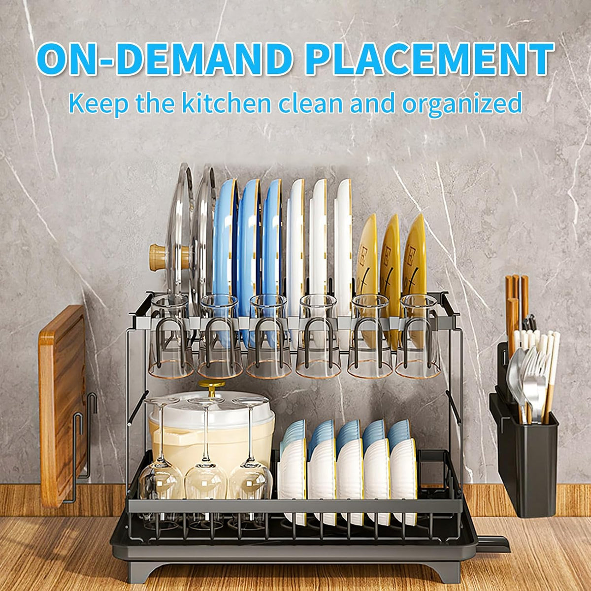 Dishes Drying Rack, 2-Tier Tableware Drying Rack with Draining Board, Space-Saving Design, Suitable
