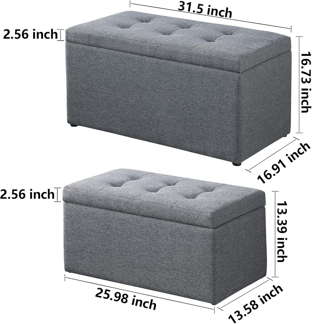 Storage Ottoman Bench with 2.56-inch Thick Seat, 31.5 inch Nesting Ottoman Set of 2, Hinged Flip
