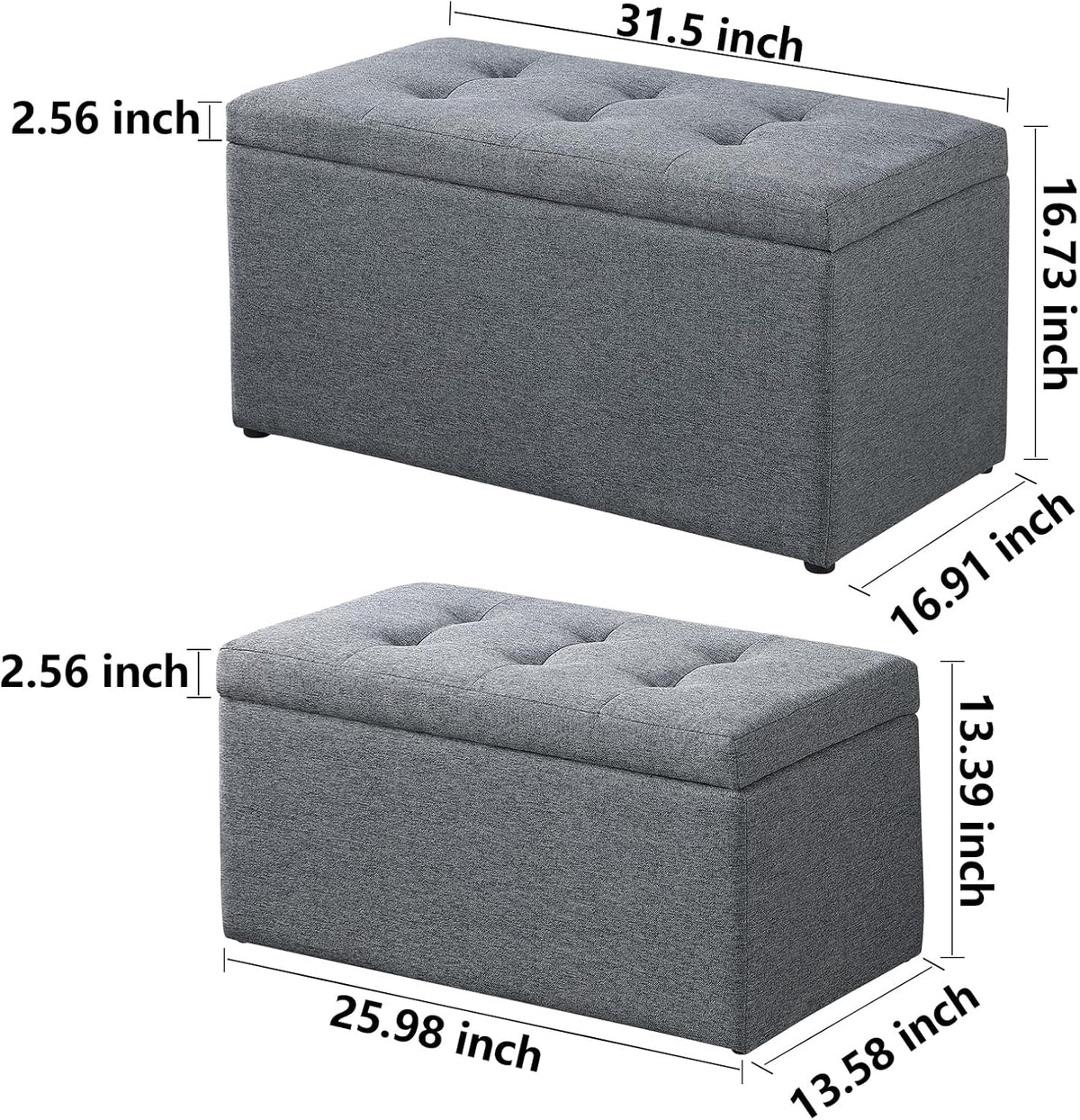 Storage Ottoman Bench with 2.56-inch Thick Seat, 31.5 inch Nesting Ottoman Set of 2, Hinged Flip
