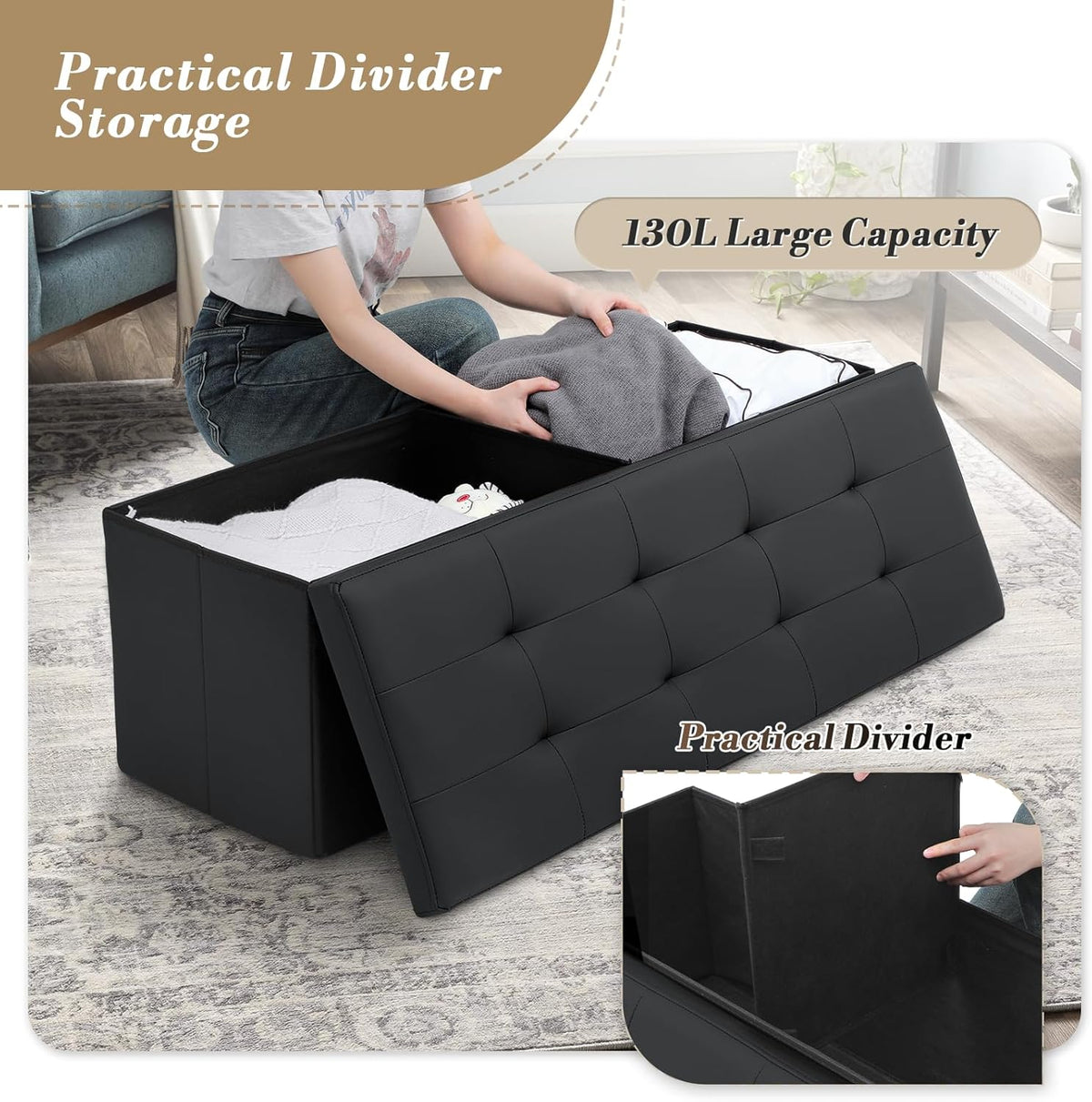 Athena Collection 43" Storage Ottoman Bench Folding Bench with 130L Hidden Storage, Large End of