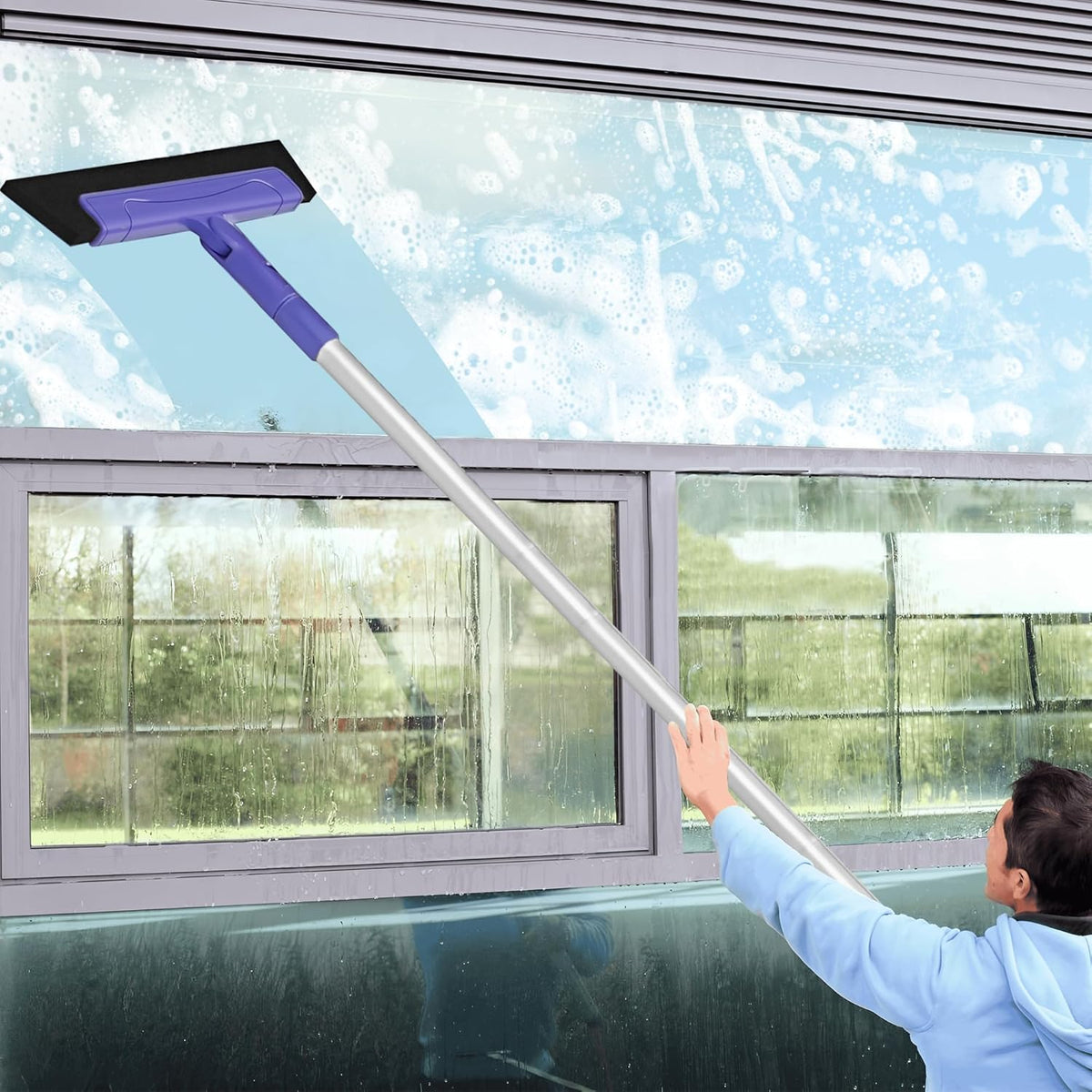 Floor Squeegee for Tile Floor and Shower Glass, Broom Rubber Blade with 48.4" Aluminum Long Handle