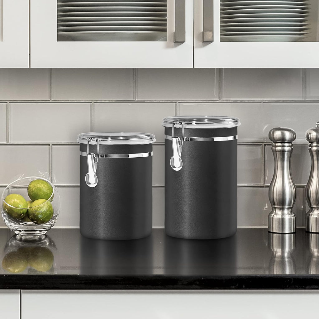 Oggi Stainless Steel Kitchen Canister 47 fl oz, Black - Airtight Clamp Lid, Clear See-Thru Top