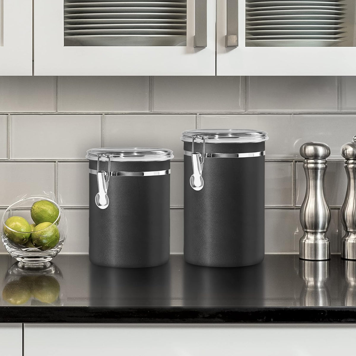 Oggi Stainless Steel Kitchen Canister 47 fl oz, Black - Airtight Clamp Lid, Clear See-Thru Top