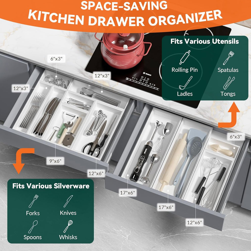 Bamboo Drawer Organizer, Cutlery Silverware Organizer for Kitchen Drawer, Stackable Utensil