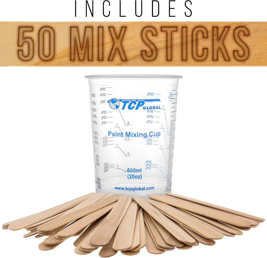 TCP Global 20 oz. (600ml) Graduated Plastic Mixing Cups - Box of 50 with 50 Mixing Sticks
