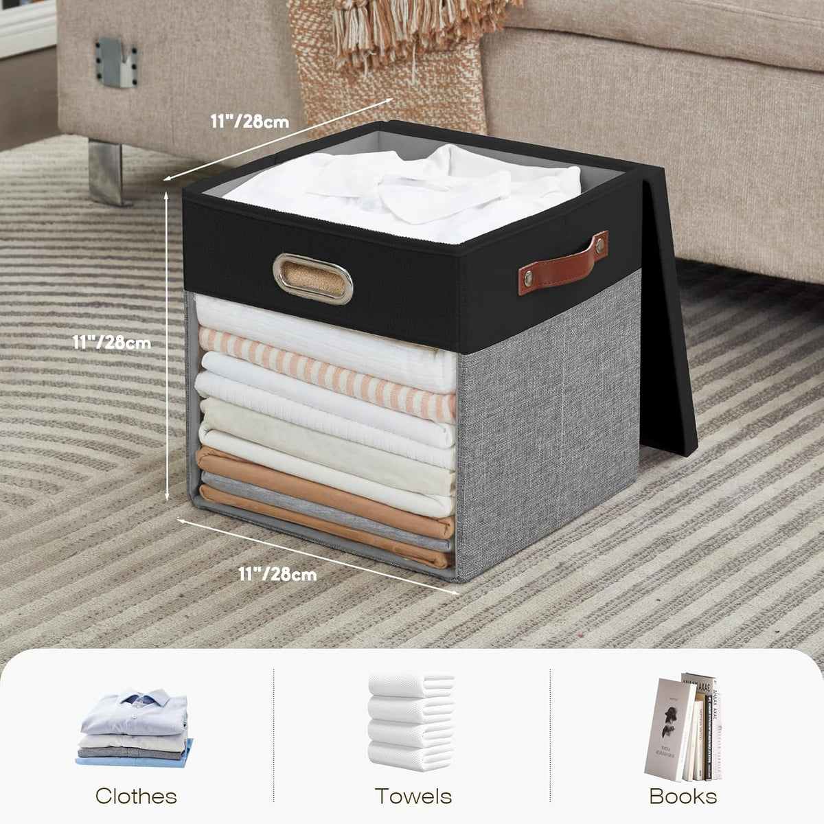Fabric Storage Cubes with Clear Windows and Lids 11'' Foldable Storage Bins with 3 Handles