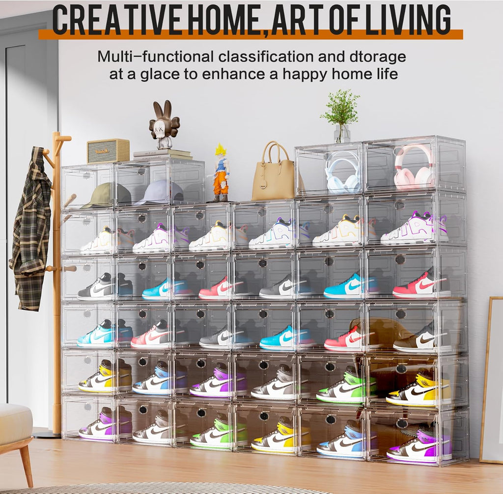 KEFA XL Shoe Storage Box Organizer, 6 Pack Shoe Boxes Clear Plastic Stackable, Sneaker Display Case