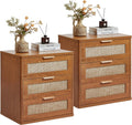 LEYAOYAO Rattan Night Stand Set of 2 with Drawers, 23" Large 3 Drawer Boho Nightstand, Natural Wood