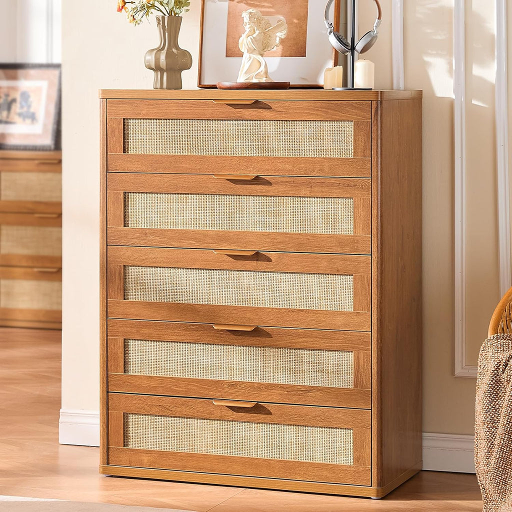 LEYAOYAO Dresser for Bedroom, 41" Tall Chest of Drawers, Modern 5 Drawers Boho Rattan Dressers with