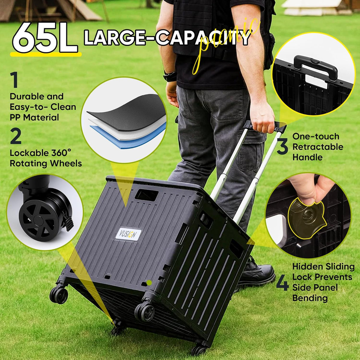 VUSIGN Folding Utility Cart, Foldable Rolling Crate Handcart with Lid, Portable Collapsible