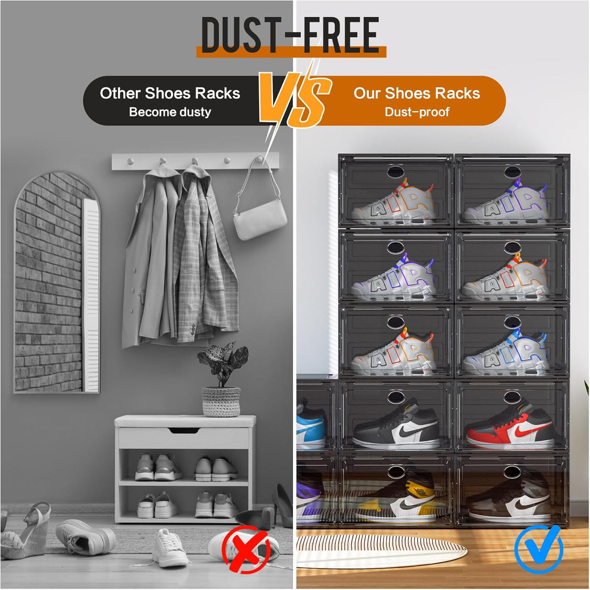 KEFA XL Shoe Storage Box Organizer, 6 Pack Shoe Boxes Clear Plastic Stackable, Sneaker Display Case