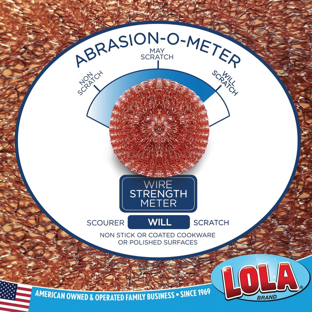 Copper Mesh Scouring Pad by LOLA, 2 Pack, 45 Grams, 4" Heavy Duty Cleaning Pads, Copper Coated