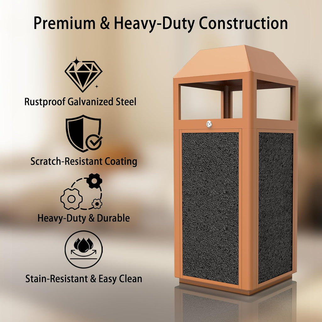Commercial Metal Outdoor Trash Can with Lid, Lockable Outdoor Garbage Can with Nature Stone Panels