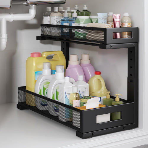 1 Pack 17IN Depth Under Sink Storage Organizer, Large 2-Tier Elegant Mesh Pull Out Shelf for