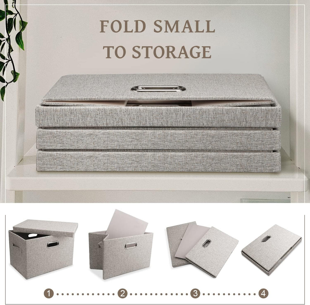 Medium 15" 21 Quart Collapsible Stackable Storage Bins with Lids, 3 Packs Beige Foldable Fabric