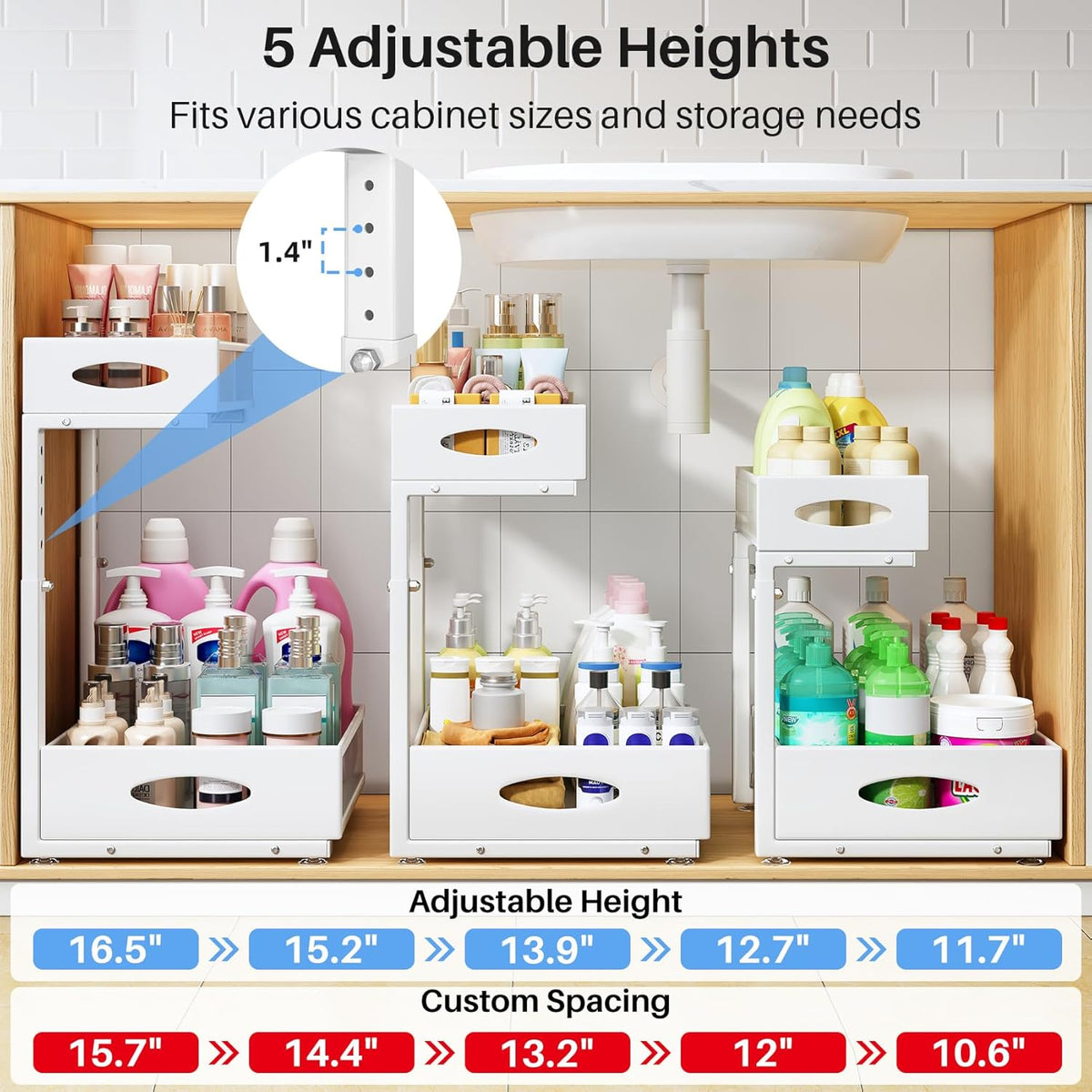 Under Sink Organizer, 2 Pack 2 Tier Pull Out Under Cabinet Organizer Shelf with Pad for Framed