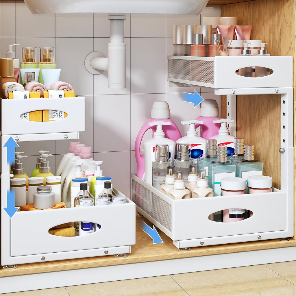Under Sink Organizer, 2 Tier Pull Out Under Cabinet Organizer Shelf with Pad for Framed Cabinets