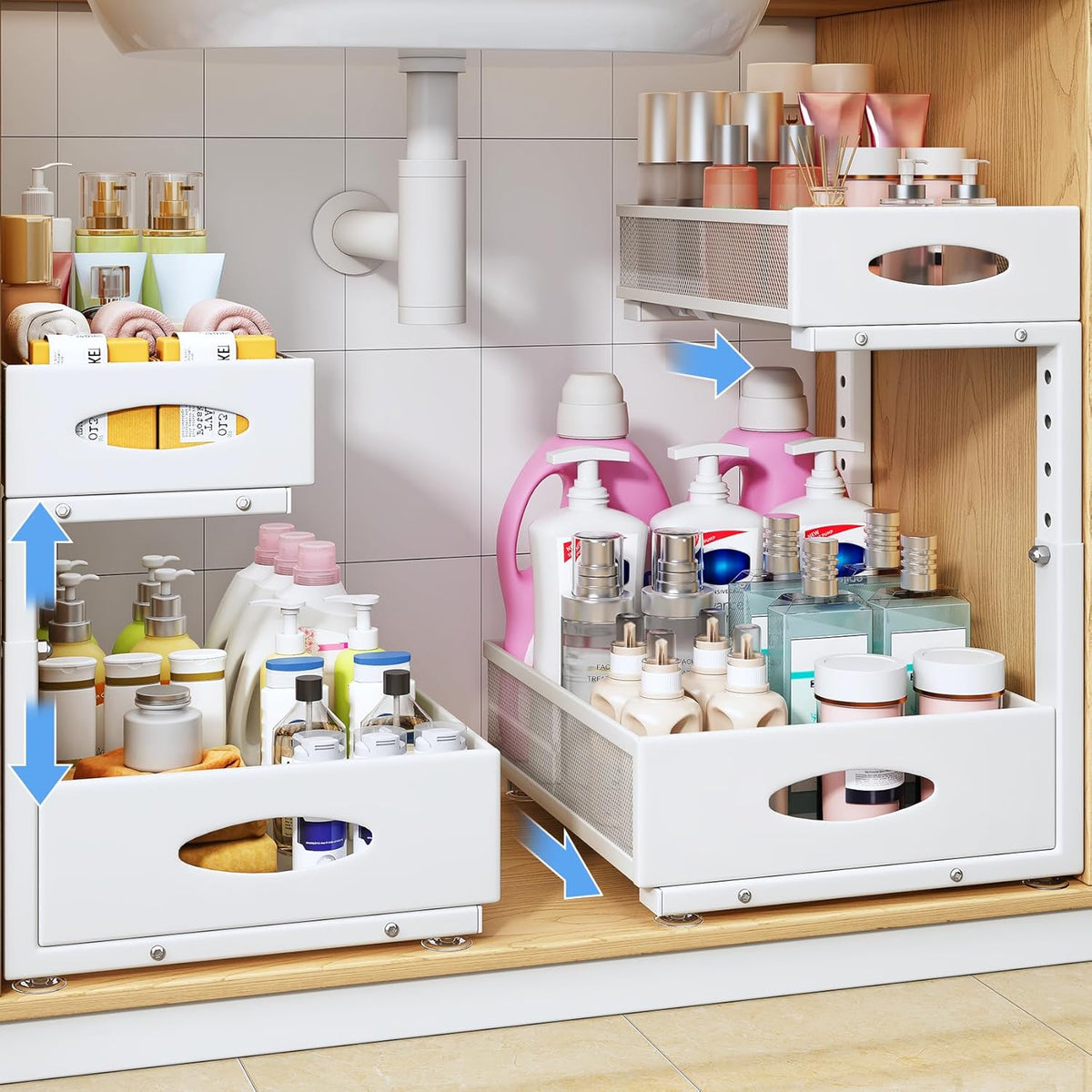 Under Sink Organizer, 2 Pack 2 Tier Pull Out Under Cabinet Organizer Shelf with Pad for Framed