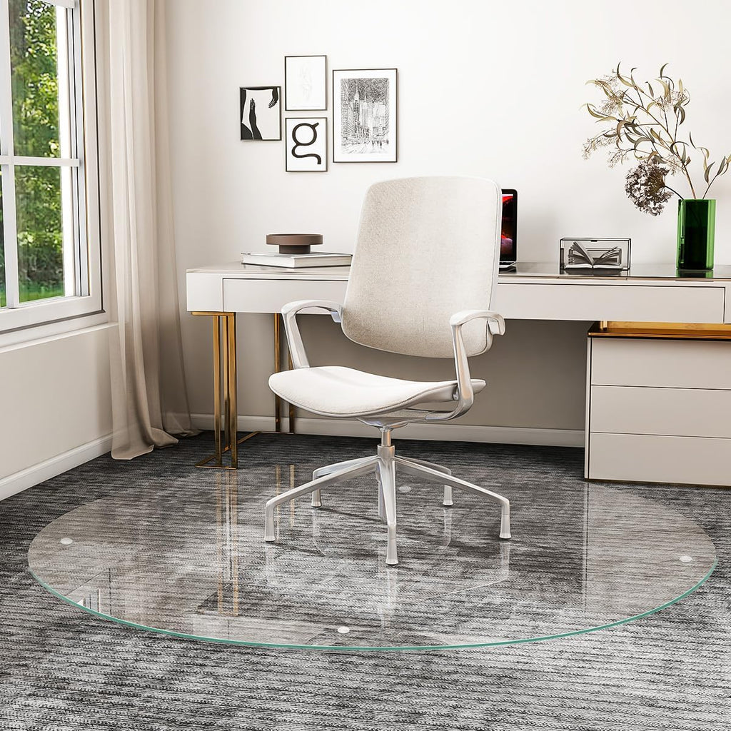 [Tempered Glass] 55" x 55" Round Glass Chair Mat, Heavy Duty Hard Floor Mat with Round Corner and
