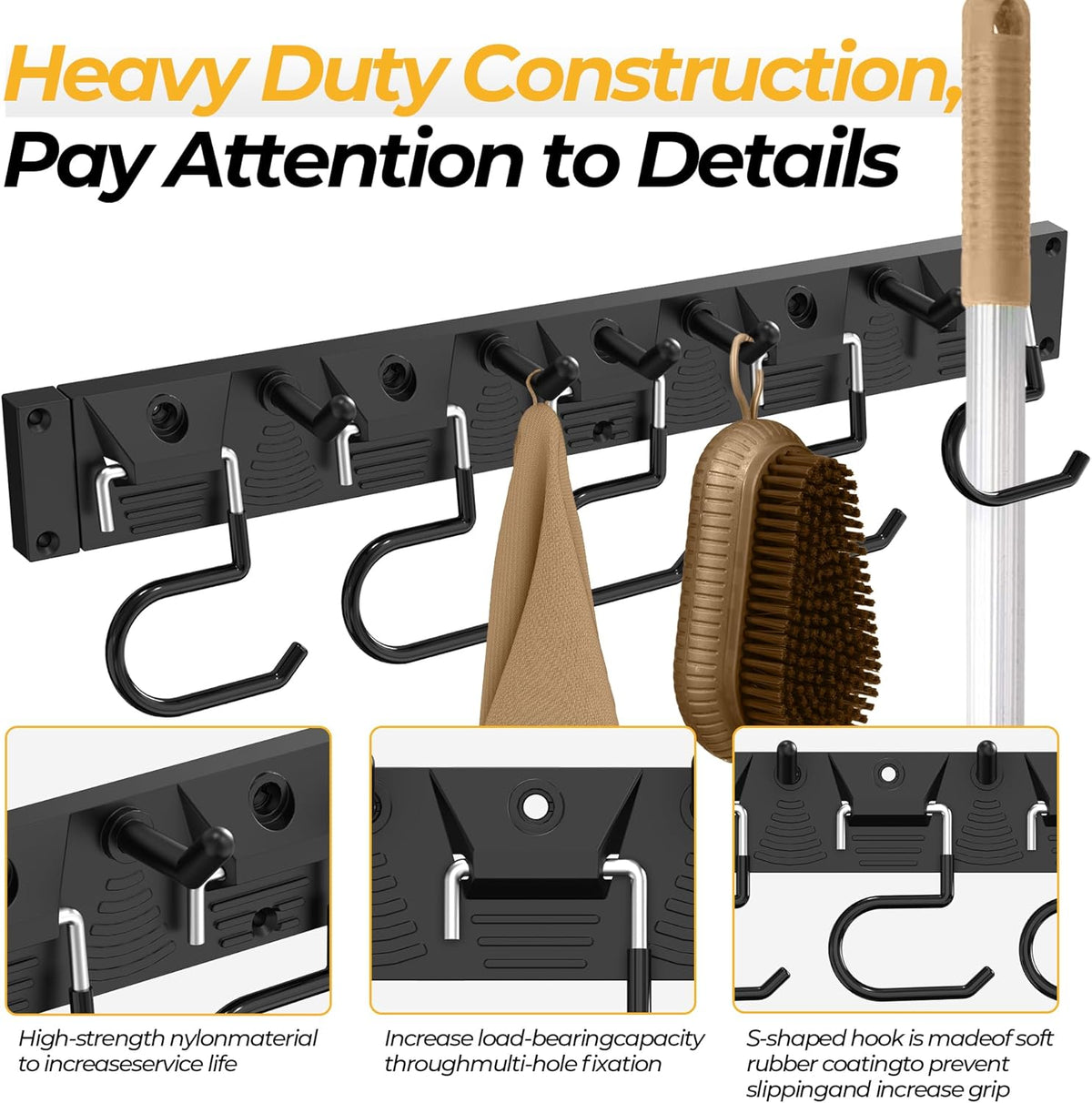 51 Inch Garden Tool Organizer Wall Mount with Non Slip Rubber Coated Metal Hooks, Storage Rack for