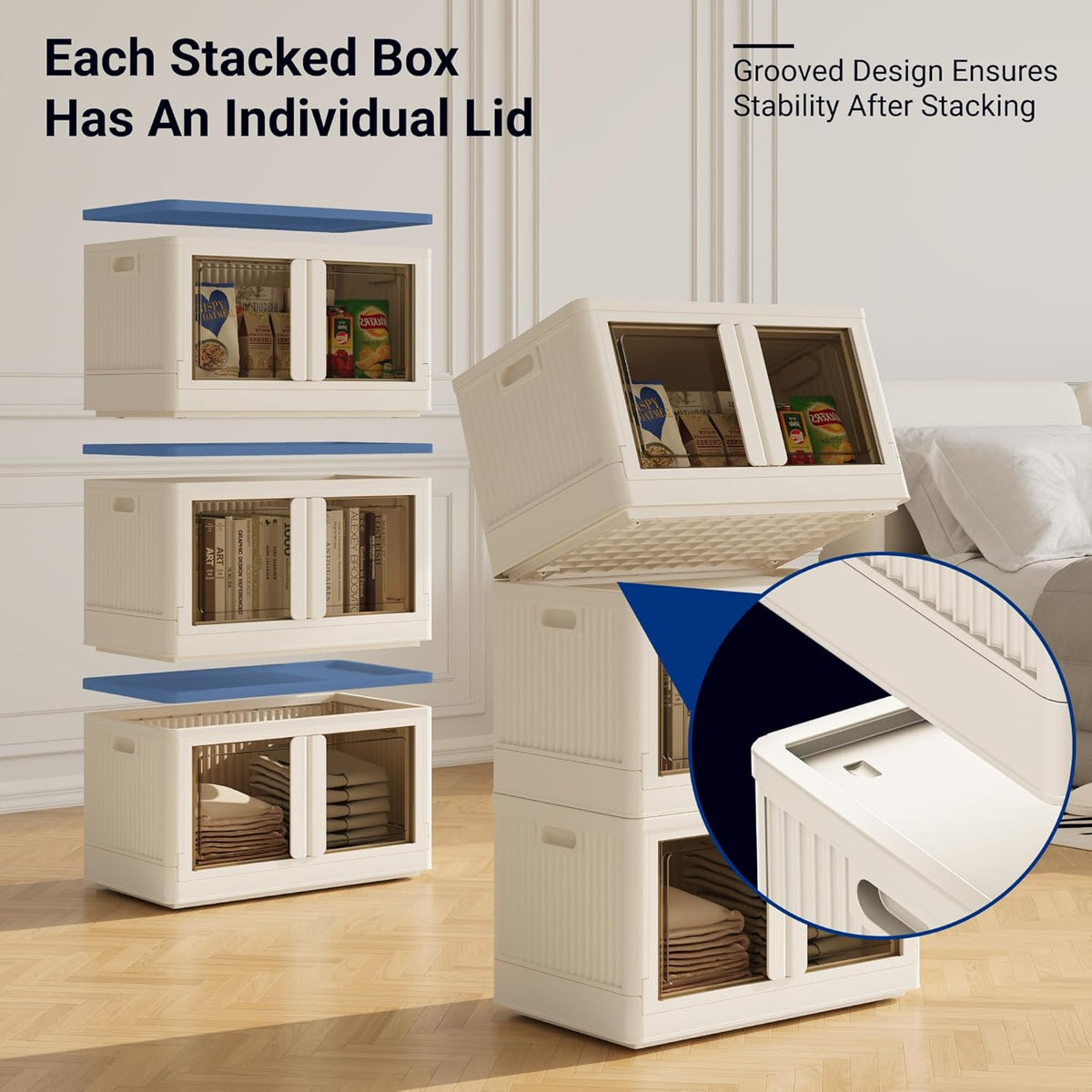 FLEXIMOUNTS 152 QT Stackable Storage Bins With Lids, Collapsible Plastic Storage Bins, Closet