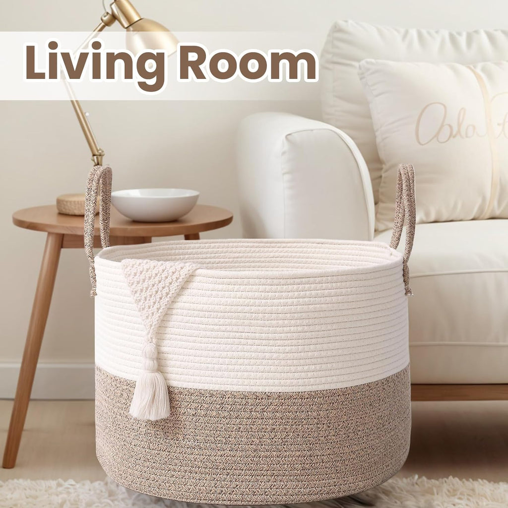 Woven Blanket Basket,115L Large Rope Storage Bin with Handles, Organizer for Blankets Toys Book and